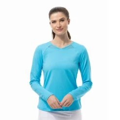 SanSoleil SolTek Solid Active Diamond Neck Womens Long Sleeve Sun Shirt -Pulley Shop 28767 CARIBBEAN