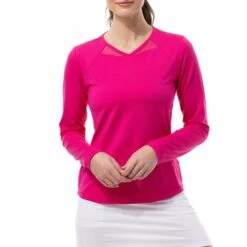 SanSoleil SolTek Solid Active Diamond Neck Womens Long Sleeve Sun Shirt -Pulley Shop 28767 FUCHSIA