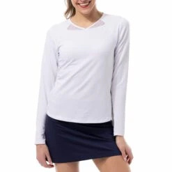 SanSoleil SolTek Solid Active Diamond Neck Womens Long Sleeve Sun Shirt -Pulley Shop 28767 WHITE